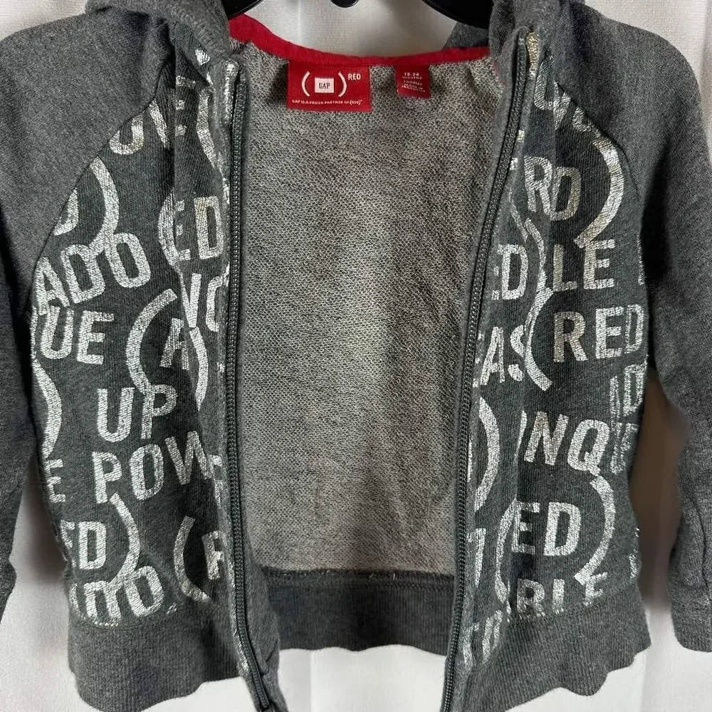 Baby Gap Gray & Silver RED Zip Up Hooded Sweatshirt Jacket Fleece 18-24 Months